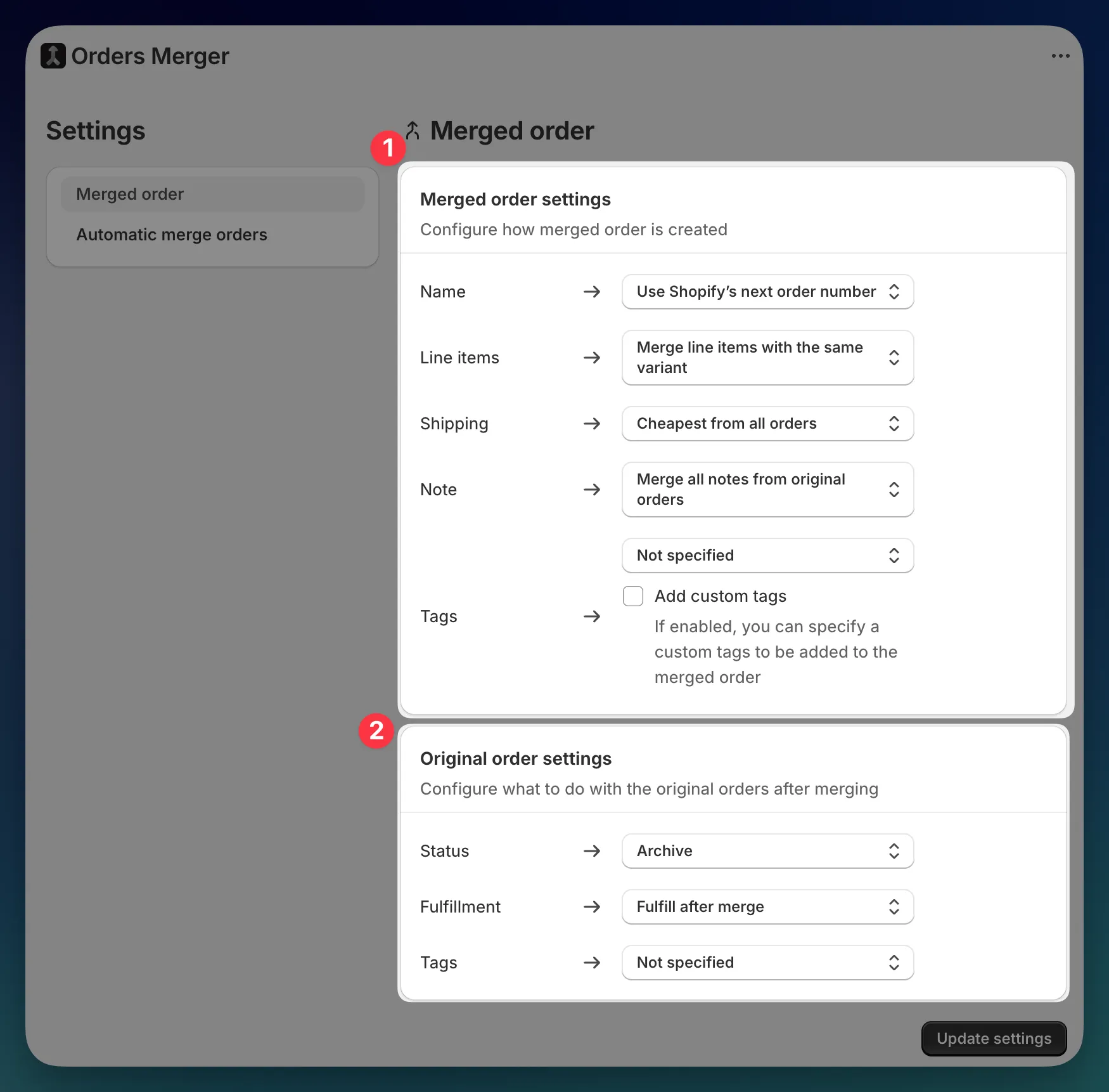 Merge order settings